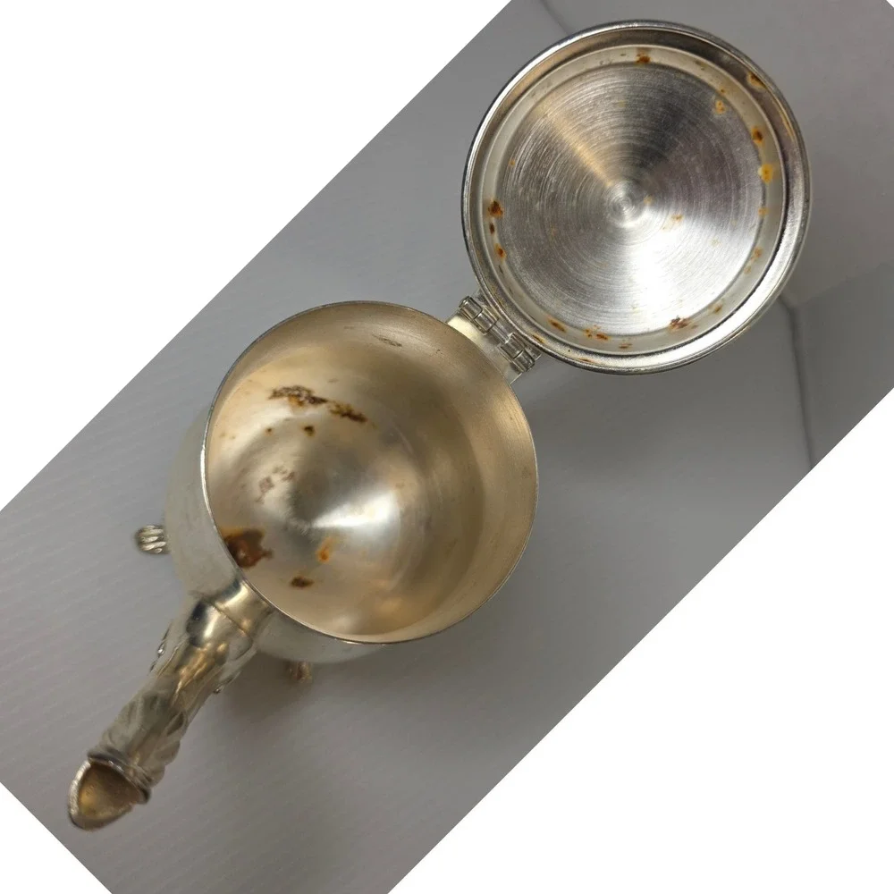 Vintage‎ Silver Plate Mini Teapot Creamer Ornate Footed Hinged Lid Unmarked